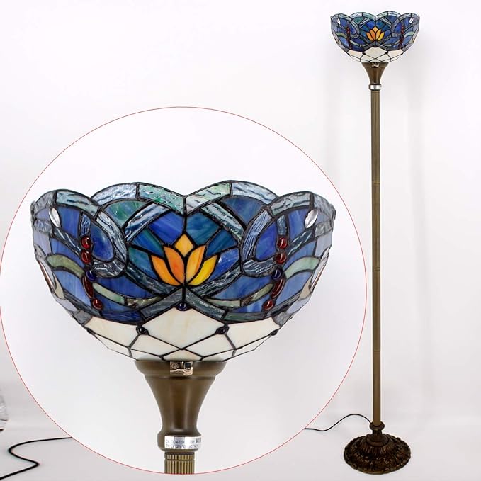 WERFACTORY Tiffany Floor Lamp Blue Lotus Flower Stained Glass Light 12X12X66 Inches Pole Torchiere Standing Corner Torch Uplight Decor Bedroom Living Room Home Office S220 Series - LeafyLoom