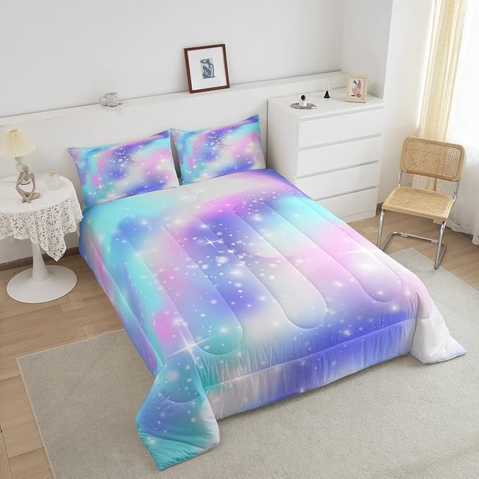 Erosebridal Ombre Comforter Rainbow Comforter Set Twin Tie Dye Galaxy Duvet Set Nebula Bedding Starry Sky Quilt Set Pastel Stars Glitter Bedding Set Purple Blue Bedroom Decorative Down Alternative - LeafyLoom