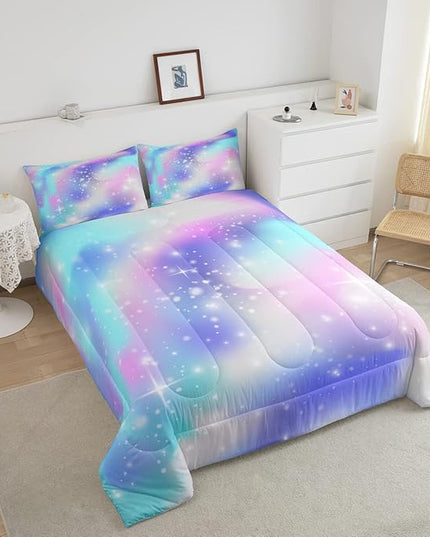 Erosebridal Ombre Comforter Rainbow Comforter Set Queen Tie Dye Galaxy Duvet Set Nebula Bedding Starry Sky Quilt Set Pastel Stars Glitter Bedding Set Purple Blue Bedroom Decorative Down Comforter - LeafyLoom