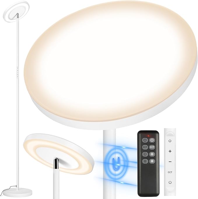 OUTON LED Torchiere Floor Lamp, Super Bright Dimmable Tall Standing Lamp with Remote Touch Control, 4 Color Temperatures, 1-Hour Timer for Living Room, Bedroom, Office (Matte White) - LeafyLoom