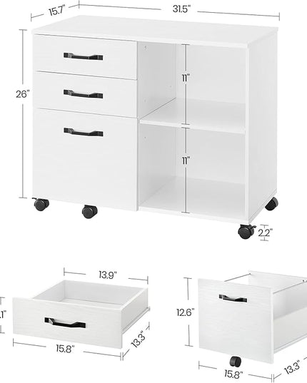 VASAGLE Lateral File Cabinet, Home Office Printer Stand, with 3 Drawers and Open Storage Shelves, for A4, Letter-Size Documents, White, 15.7”D x 31.5”W x 26”H - LeafyLoom