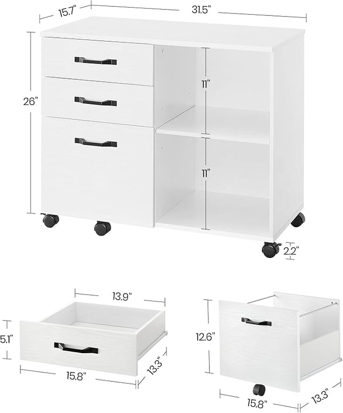VASAGLE Lateral File Cabinet, Home Office Printer Stand, with 3 Drawers and Open Storage Shelves, for A4, Letter-Size Documents, White, 15.7”D x 31.5”W x 26”H - LeafyLoom