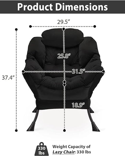 Lazy Chair Thick Padded, Accent Chair Velvet Upholstered with Wide Seat, Stable Metal Frame and Non-Slip Pad, Modern Sofa Armchair with Side Storage Bag for Dorm, Room, Office, Black - LeafyLoom