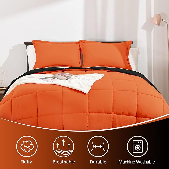 Basic Beyond Queen Comforter Set - Fluffy Comforter Queen Set for All Seasons - Reversible Orange Comforter Set Queen for Mens - 3 Pieces (1 Comforter + 2 Pillow Shams) - Orange/Black - LeafyLoom