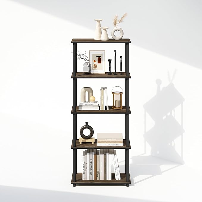 Furinno Turn-N-Tube 5-Tier Multipurpose Compact Display Rack, Shelving Unit, Bookcase, Columbia Walnut/Black - LeafyLoom