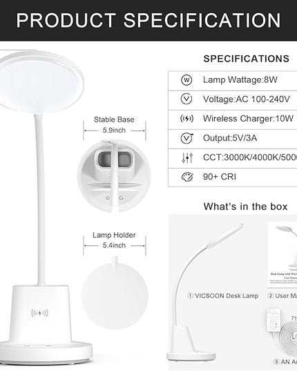Desk Lamp for Home Office, LED Desk Lamp with Wireless Charger Pen Phone Holder, Dimmable Desk Light 3 Color Modes, College Dorm Study Lamp for College Dorm, CRI 90 800 Lumen - LeafyLoom