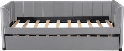 Twin Size, Upholstered Daybeds with Ergonomic Design Backrest and Trundle, Velvet Sofa Day Bed Frame for Kids Teens Adults, Space-Saving, Easy Assembly, Gray - LeafyLoom