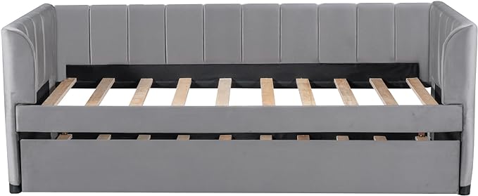 Twin Size, Upholstered Daybeds with Ergonomic Design Backrest and Trundle, Velvet Sofa Day Bed Frame for Kids Teens Adults, Space-Saving, Easy Assembly, Gray - LeafyLoom
