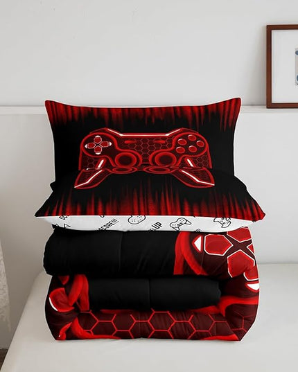 Feelyou Gamer Comforter Set King Size Kids Game Controller Comforter for Boys Teens Red Black Bedding Set Gaming Duvet Set Room Decor Quilt Set - LeafyLoom
