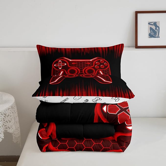 Feelyou Gamer Comforter Set Queen Size Kids Game Controller Comforter for Boys Teens Red Black Bedding Set Gaming Duvet Set Room Decor Quilt Set - LeafyLoom