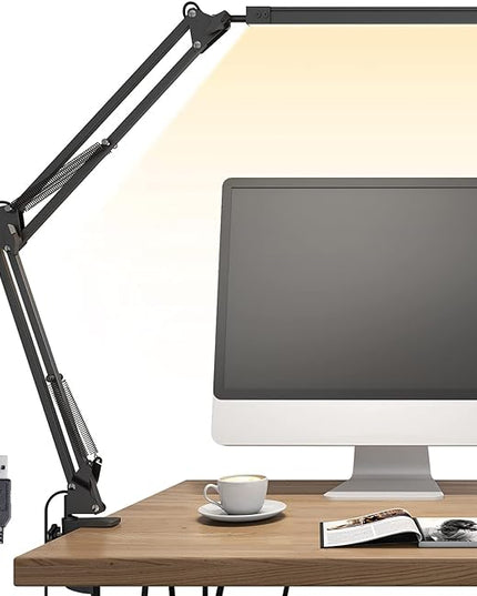 LED Desk Lamp, Swing Arm Desk Light with Clamp, 3 Lighting 10 Brightness Eye-caring Modes, reading desk lamps for home office 360°Spin with USB Adapter & Memory Function black-14W - LeafyLoom