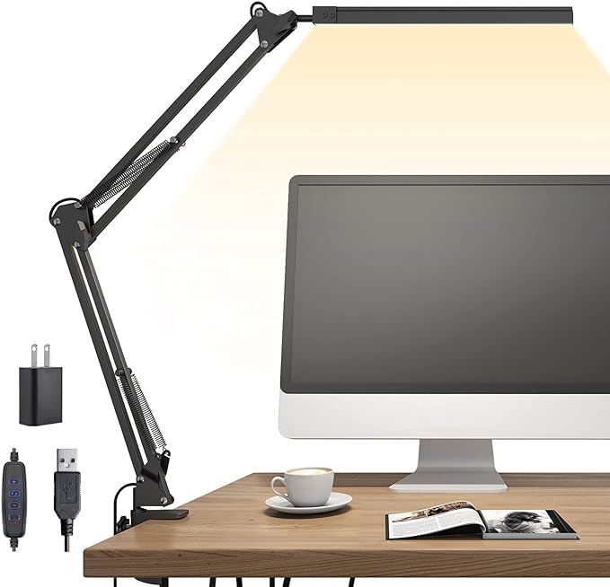 LED Desk Lamp, Swing Arm Desk Light with Clamp, 3 Lighting 10 Brightness Eye-caring Modes, reading desk lamps for home office 360°Spin with USB Adapter & Memory Function black-14W - LeafyLoom