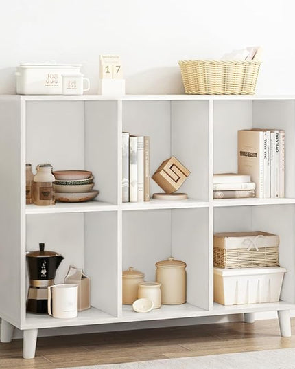 IOTXY Open Cube Low Bookcase - 2-Tier Freestanding Storage Display Cabinet Organizer with Legs for Home Office, 6-Cubes Open Shelf Short Bookshelf, White - LeafyLoom