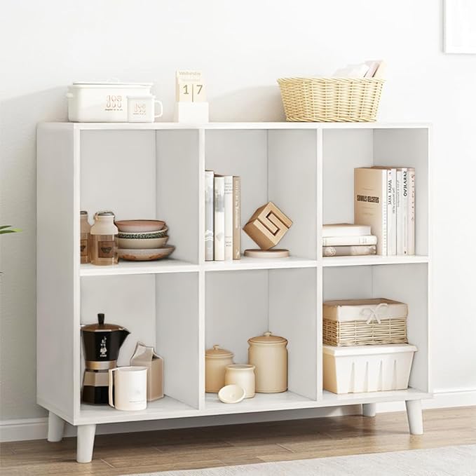 IOTXY Open Cube Low Bookcase - 2-Tier Freestanding Storage Display Cabinet Organizer with Legs for Home Office, 6-Cubes Open Shelf Short Bookshelf, White - LeafyLoom