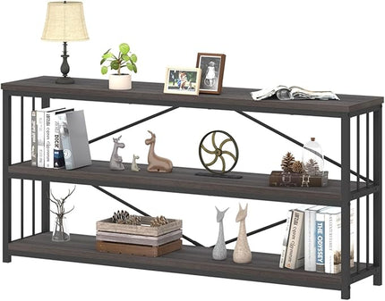 IBF Wood and Metal Book Shelf, Industrial Rustic Low 3 Tier Bookshelf, Farmhouse Long Wide Vintage Horizontal Bookcase, Modern Large Open Etagere for Home Office Living Room Bedroom, Gray Oak, 63 Inch - LeafyLoom