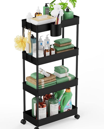 LEHOM Slim Rolling Storage Cart - 4 Tiers Bathroom Organizer Utility Cart Slide Out Storage Shelves Mobile Shelving Unit for Kitchen, Bedroom, Office, Laundry Room, Small Narrow Spaces Black - LeafyLoom