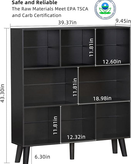 YAHARBO 8 Cube Bookshelf,3 Tier Bookcase with Legs,Black Mid-Century Modern Bookshelves,Large Free Standing Open Storage Organizer Shelf,Tall Wooden Book Case Furniture for Bedroom,Living Room,Office - LeafyLoom