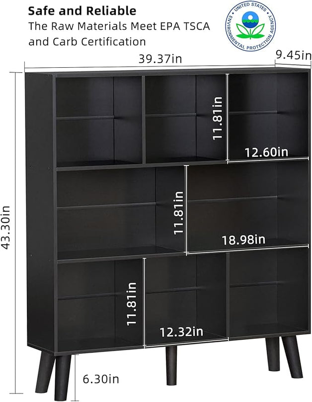 YAHARBO 8 Cube Bookshelf,3 Tier Bookcase with Legs,Black Mid-Century Modern Bookshelves,Large Free Standing Open Storage Organizer Shelf,Tall Wooden Book Case Furniture for Bedroom,Living Room,Office - LeafyLoom