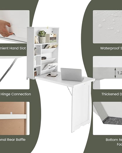 Wall Mounted Table w/Classified Storage Space, Foldable Multiple-Purpose Desk, Sturdy Wood Structure, White - LeafyLoom