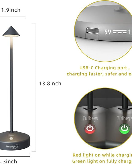 Cordless Table Lamp, Portable LED Desk Lamp 5200mAh Battery Operated, Waterproof Outdoor Lamp with Contact Charging Base, 13.8'' touch lamp for Home/Office/Bars/Coffee Shop Night Light (Grey - LeafyLoom