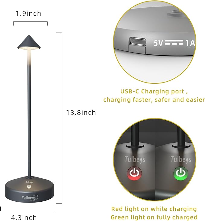 Cordless Table Lamp, Portable LED Desk Lamp 5200mAh Battery Operated, Waterproof Outdoor Lamp with Contact Charging Base, 13.8'' touch lamp for Home/Office/Bars/Coffee Shop Night Light (Grey - LeafyLoom