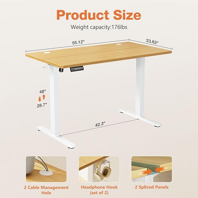 Sweetcrispy Electric Adjustable Height Standing Desk - 55 x 24 inch Sit to Stand Up Desk with Splice Board, Rising Home Office Computer Table with 2 Hook and Wire Hole for Work - LeafyLoom