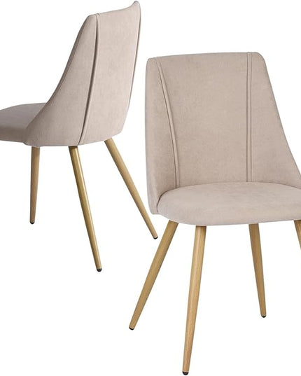 FurnitureR Dining Chairs Set of 2, Fabric Side Chairs Upholstered Living Room Accent Chair with Soft Seat/Metal Legs, Mid-Back Armless Chairs for Home Kitchen Restaurant, Beige - LeafyLoom