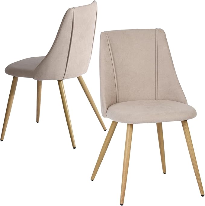 FurnitureR Dining Chairs Set of 2, Fabric Side Chairs Upholstered Living Room Accent Chair with Soft Seat/Metal Legs, Mid-Back Armless Chairs for Home Kitchen Restaurant, Beige - LeafyLoom