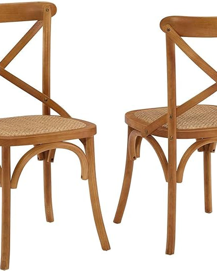 Modway Gear Rustic Modern Farmhouse Elm Wood Rattan Two Dining Chairs in Walnut - LeafyLoom