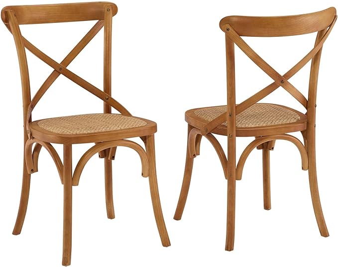 Modway Gear Rustic Modern Farmhouse Elm Wood Rattan Two Dining Chairs in Walnut - LeafyLoom