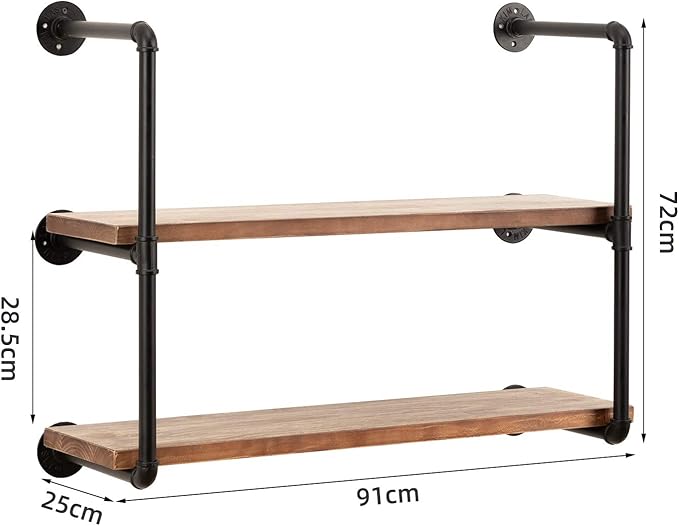 Industrial Wall Mounted Pipe Shelving,Rustic Metal Floating Shelves,Steampunk Real Wood Bookcases,DIY Bookshelf Hanging Shelves,Farmhouse Kitchen Bar Office Home Storage (3-Tier with 2 Boards,36in) - LeafyLoom