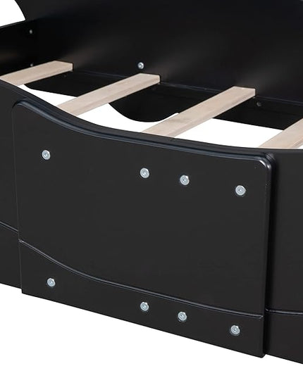 Car Shaped Toddler Bed with Wheels,Racecar Platform Beds W/Safety Guardrail,Slats Support,Stylish Design,Easy Assembly,Wood Twin Bedframe for Boys Toddlers Kids Teens Bedroom,Black - LeafyLoom