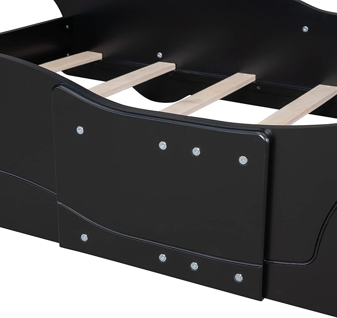 Car Shaped Toddler Bed with Wheels,Racecar Platform Beds W/Safety Guardrail,Slats Support,Stylish Design,Easy Assembly,Wood Twin Bedframe for Boys Toddlers Kids Teens Bedroom,Black - LeafyLoom