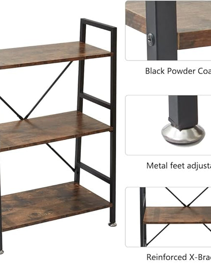 TooCust 3 Tier Bookshelf, 37" x 23" x 12.6", 3 Tier Bookcase, 3 Shelf Bookshelf, Vintage Standing Metal Frame Book Shelves, Small Bookshelf, Rustic Brown - LeafyLoom