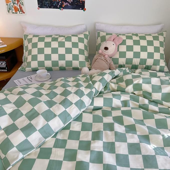 Wellboo Green and White Comforter Sets Twin Women Men Sage Green Checkerboard Grid Bedding Comforters Cotton Boys Girls Modern Grass Green Plaid Checkered Quilts Modern Buffalo Geometric Abstract Bed - LeafyLoom