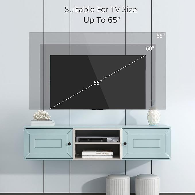 Merax Floating TV Stand for Televisions up to 65" with Large Storage and Adjustable Shelves, Modern Wall Mounted Entertainment Center for Living Room, Bedroom, Cable Management Media Console, Blue - LeafyLoom