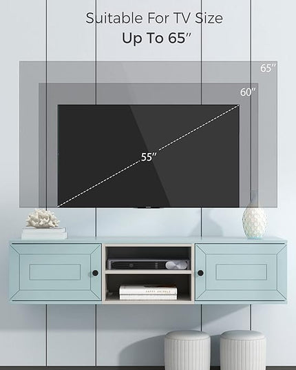 Mounted Floating TV Stand for TVs up to 65'', TV Console with 3 Levels Adjustable shelves, Magnetic Cabinet Door and Cable Management, Entertainment Center for Living Room, Light Blue - LeafyLoom