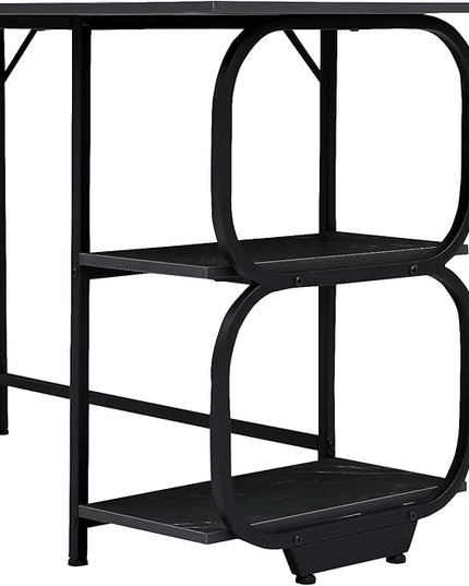Black Marble 47inch Computer Desk Writing Workstation Home Office Table with 2-Tier Storage Shelves for Small Space - LeafyLoom