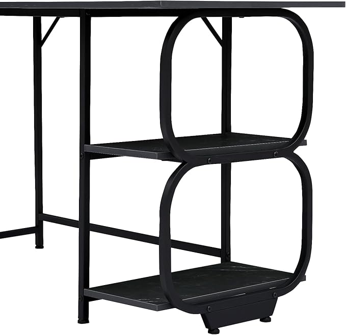 Black Marble 47inch Computer Desk Writing Workstation Home Office Table with 2-Tier Storage Shelves for Small Space - LeafyLoom