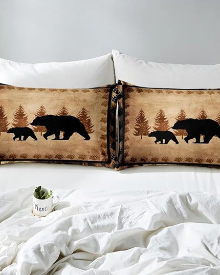 Bear Comforter Set King Size Farmhouse Wild Animal Comforter Retro Bear Family Bedding Set for Kids Boys Girls Brown Bear Paws Duvet Set Rustic Bedroom Decor Quilted Set 3Pcs - LeafyLoom