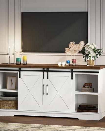 IDEALHOUSE Farmhouse TV Stand, Entertainment Center for 65 Inch TV Media Console Cabinet, White Barn Doors TV Stand with Storage and Shelves, Modern TV Console Table Furniture for Livingroom - LeafyLoom