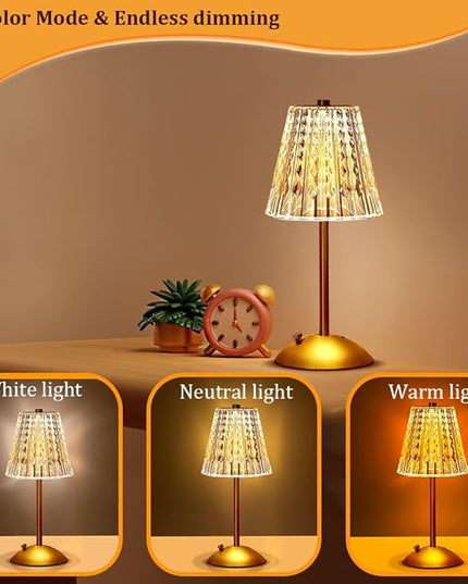 Portable Crystal LED Table Lamp, 3-Levels Brightness Desk Lamp, 3 Color Touch Control Rechargeable Lamp, Night Light, Bedside Lamp,Dining Room Lamp (Gold) - LeafyLoom