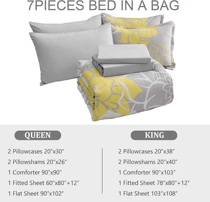 Yellow Comforter Set King 7 Piece Bed in a Bag Yellow Floral Comforter with Sheet Set Soft Micorfiber Reversible Bedding Set (1 Comforter,2 Pillow Shams,1 Flat Sheet,1 Fitted Sheet,2 Pillowcases) - LeafyLoom