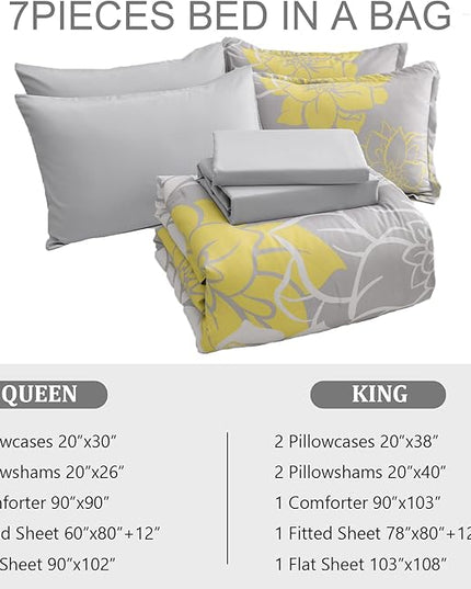 Floral Comforter Set Queen 7 Piece Bed in a Bag Yellow Floral Comforter with Sheet Set Soft Micorfiber Reversible Bedding Set (1 Comforter,2 Pillow Shams,1 Flat Sheet,1 Fitted Sheet,2 Pillowcases) - LeafyLoom
