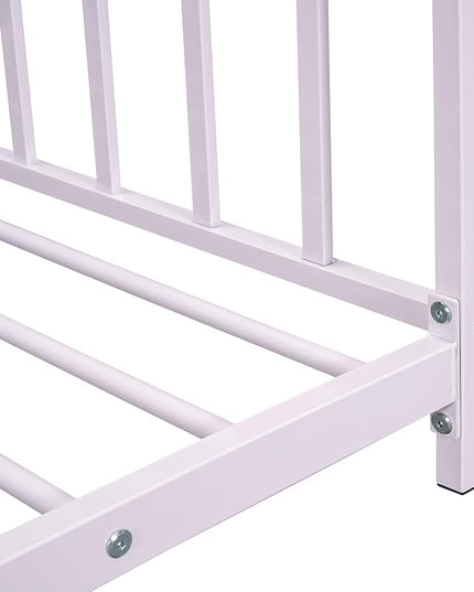 Twin Size Kids Montessori Floor Bed,House Bed Frame with High Headboard,Twin Floor Bed with Roof for Boys Girls,Floor Bed Metal Frame (Pink) - LeafyLoom