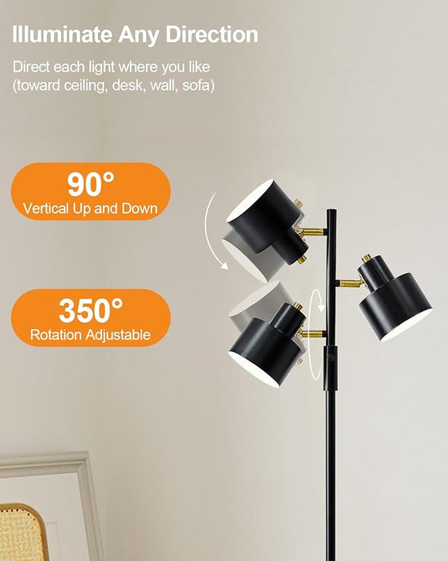 OYEARS Floor Lamp for Living Room Bright Lighting Tall Modern Industrial Vintage Standing Corner Lamps LED Metal Light Office Bedroom Study Gold Black White Matte Accent (3-Light, Black) - LeafyLoom