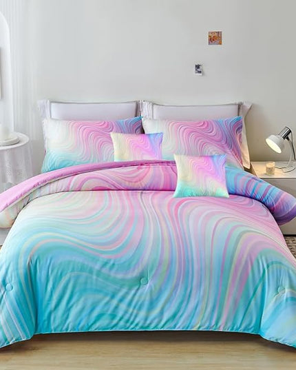 Full Size Comforter Sets for Girls 7PCS,Pink Bedding Sets,Bed Sets for Girls with Flat Sheet and Fitted Sheet,Pillowcases,Cushions,Tie Dye Comforter Sets - LeafyLoom