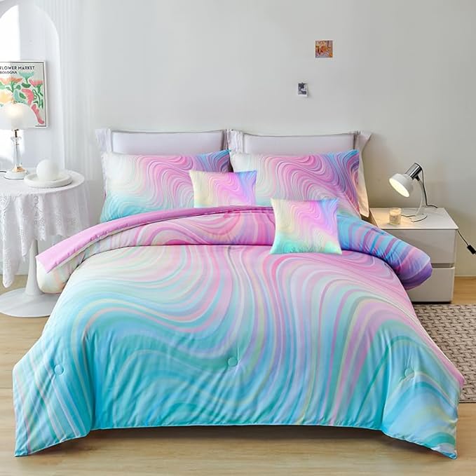 7PCS Girls Comforter Sets Queen,Pink Comforter Queen,Girls Bed Sets Queen,Bed in a Bag with Flat Sheet and Fitted Sheet,Pillowcases,Cushions for Girls,Rainbow Bedding Sets - LeafyLoom
