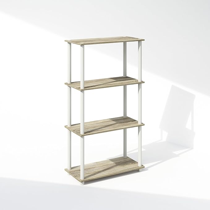 Furinno Turn-N-Tube 4-Tier Multipurpose Shelf Display Rack, Shelving Unit, Bookcase, Sonoma Oak/White - LeafyLoom