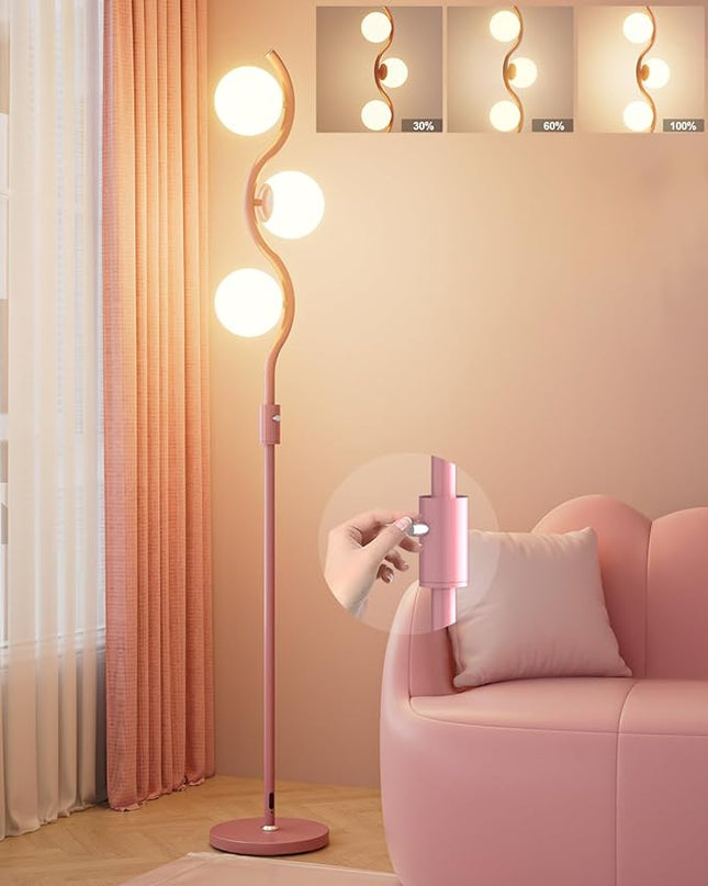 Lightdot 60IN Dimmable (Brightness Adjustable) Pink Floor Lamp, Mid Century Standing Lamps with 3 Globe Soft Warm White Eye Care 3000K Bulbs Included, Modern Tall Lamp for Bedroom Office - LeafyLoom